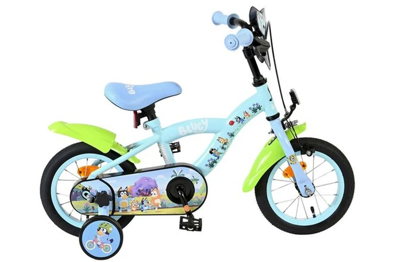 Volare Bluey Kinderfahrrad 12 Zoll hellblau für 3-4 Jahre – Rücktritt- und Handbremse, mit abnehmbaren Stützrädern