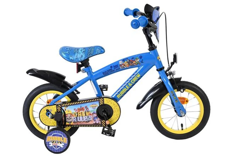 Volare Rubble & Crew - Kinderfahrrad 12 Zoll Jungen Blau mit gelben Felgen, Luftreifen und Stützrädern