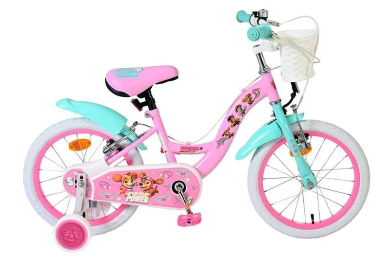 Volare Paw Patrol Kinderfahrrad Mädchen 16 Zoll Rosa mit abnehmbaren Stützrädern, Korb, Puppensitz und zwei Handbremsen