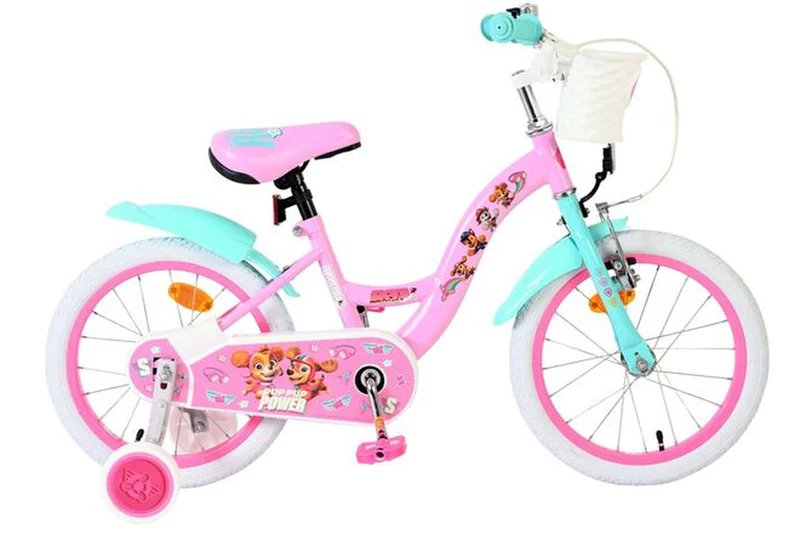 Volare Paw Patrol Kinderfahrrad Mädchen 16 Zoll Rosa mit abnehmbaren Stützrädern, Korb und Puppensitz