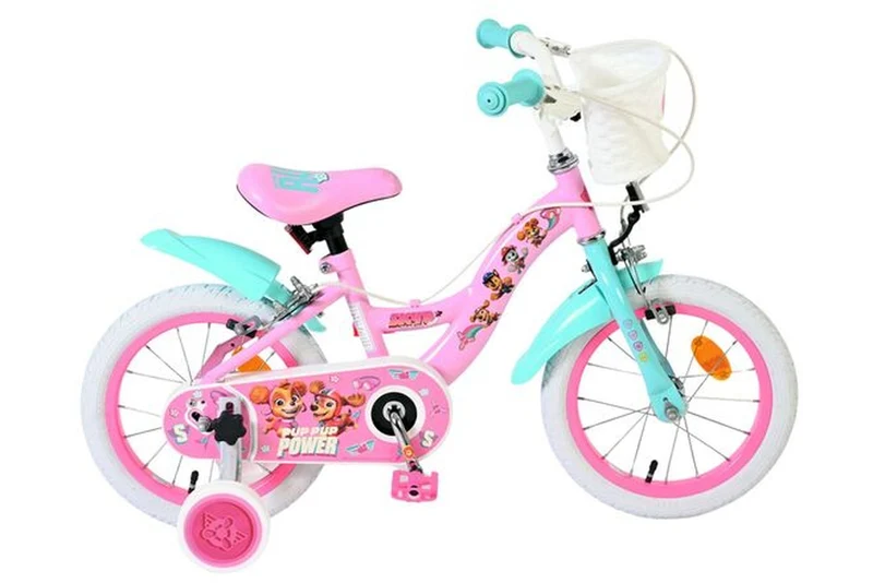 Volare Paw Patrol Kinderfahrrad Mädchen 14 Zoll Rosa – mit zwei Handbremsen, abnehmbare Stützräder und Korb