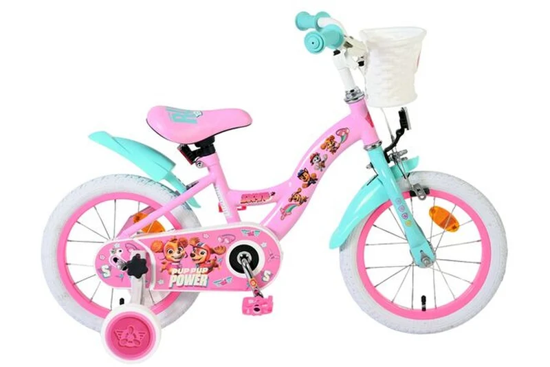Volare Paw Patrol Kinderfahrrad Mädchen 14 Zoll Rosa mit Korb und abnehmbaren Stützrädern, Hand- und Rücktrittbremse