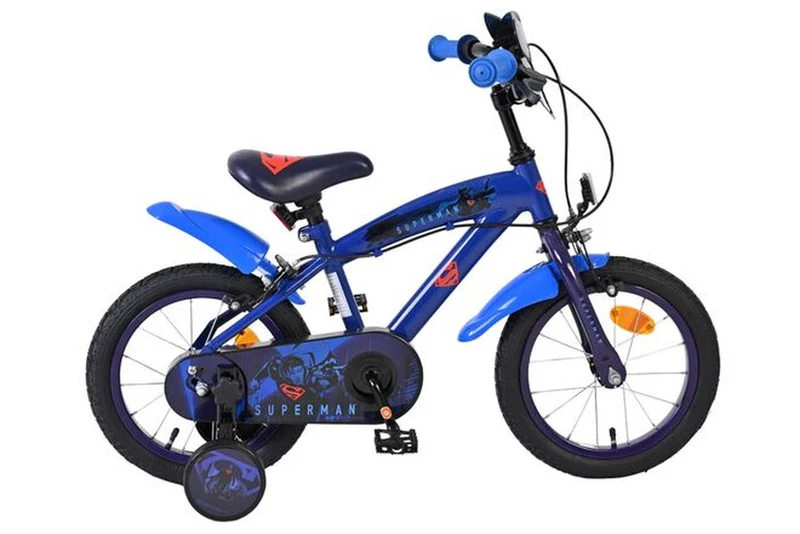 Volare Superman Kinderfahrrad für Jungen 14 Zoll Blau mit zwei Handbremsen, Luftreifen und abnehmbaren Stützrädern – Superman-Design und Frontplatte