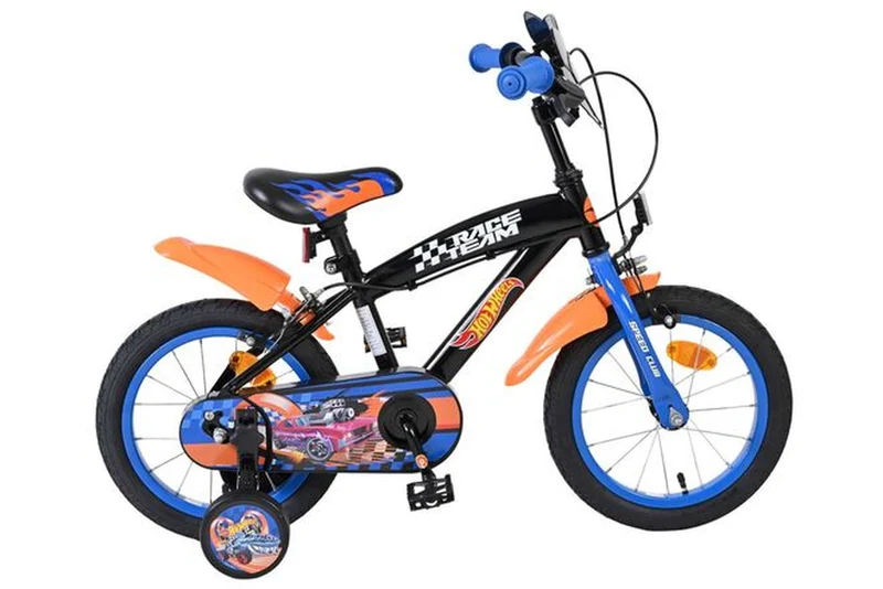 Volare Hot Wheels Kinderfahrrad – Jungen – 14 Zoll – Schwarz – Zwei Handbremsen – abnehmbare Stützräder, Reflektoren und verstellbarer Sattel