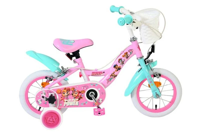 Volare Paw Patrol Kinderfahrrad Mädchen 12 Zoll Rosa – zwei Handbremsen, Korb, abnehmbare Stützräder, höhenverstellbar