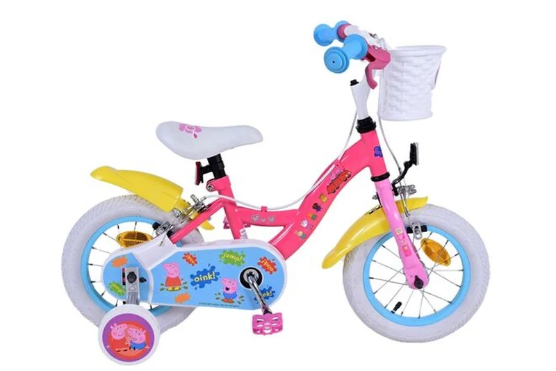 Volare Peppa Pig Kinderfahrrad Mädchen 12 Zoll Rosa – Volare Lizenz, zwei Handbremsen, abnehmbare Stützräder und Lenkerkorb