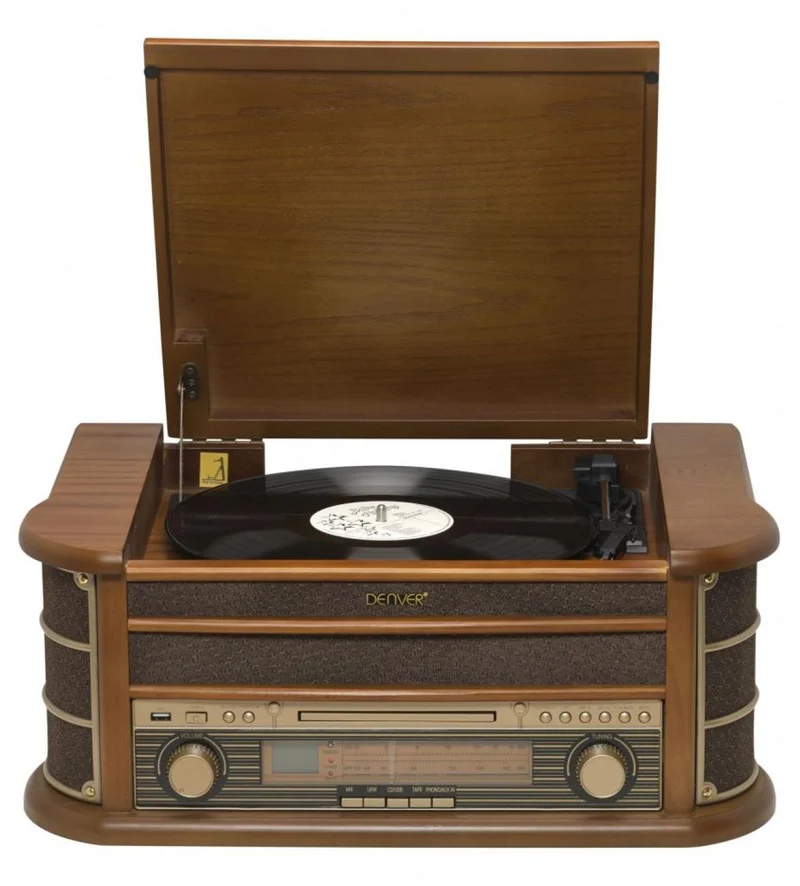 Denver MCR-50MK3 Retro Plattenspieler aus Holz mit Radio CD Kassette USB MP3 Soundbox