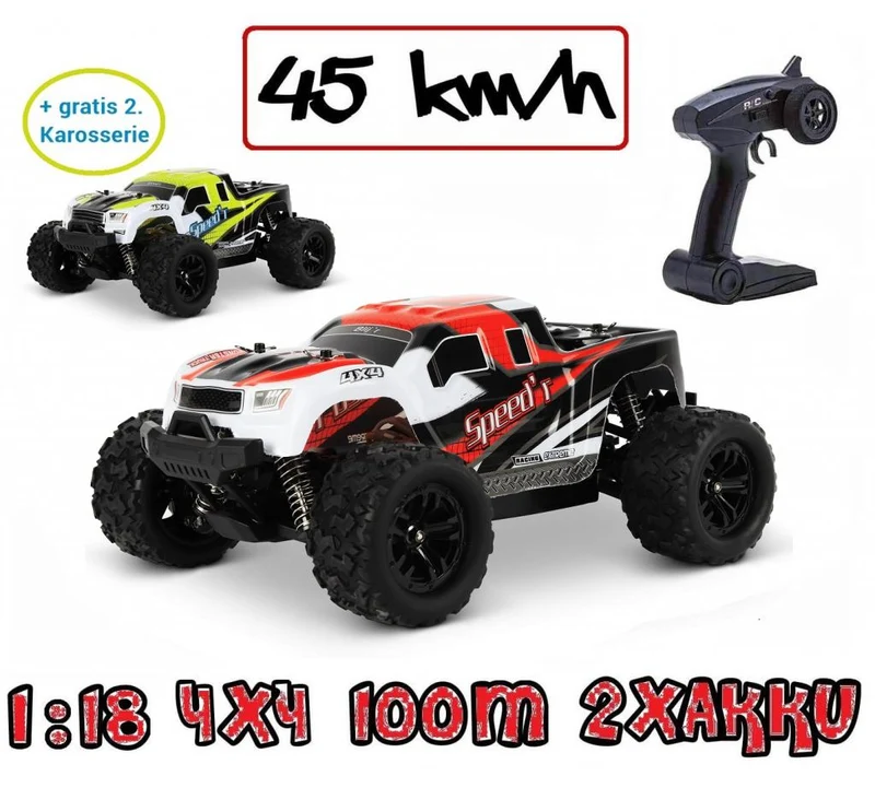 Blij´r Speed´r Rot ferngesteuerter RC Monstertruck 45 km/h, 1:18, 2 Akkus, Allrad, 100m, Funk Auto