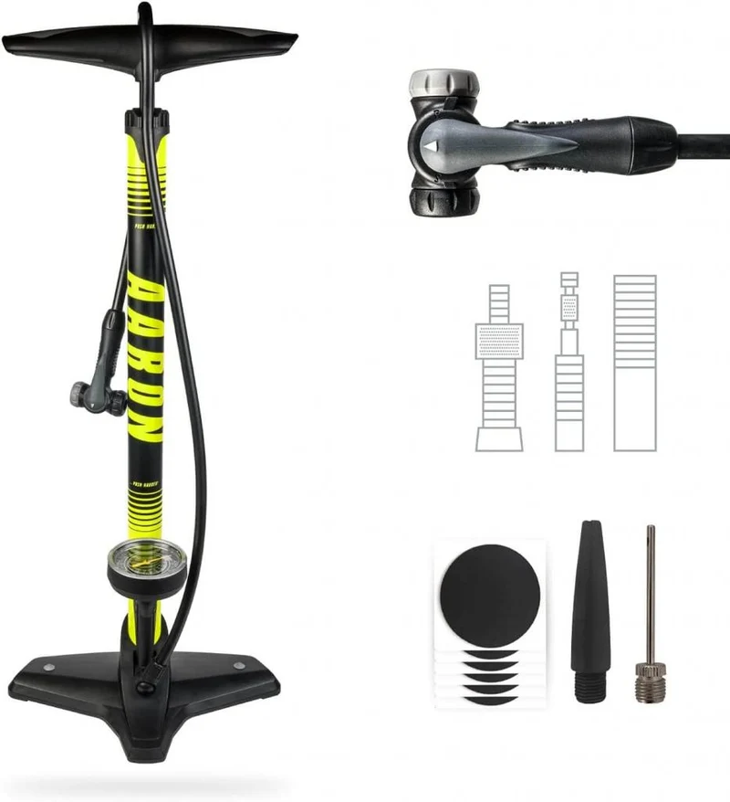 AARON Luftpumpe Sport One in Gelb Fahrrad-Stand-Pumpe für alle Ventile mit Manometer