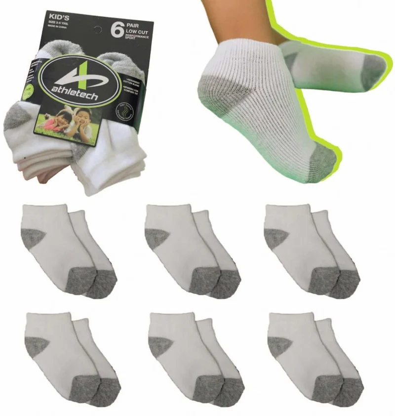 Athletech 6 Paar Low-Cut-Sportsocken für Kinder 3-5 Jahre bis Gr. 34 grau weiß