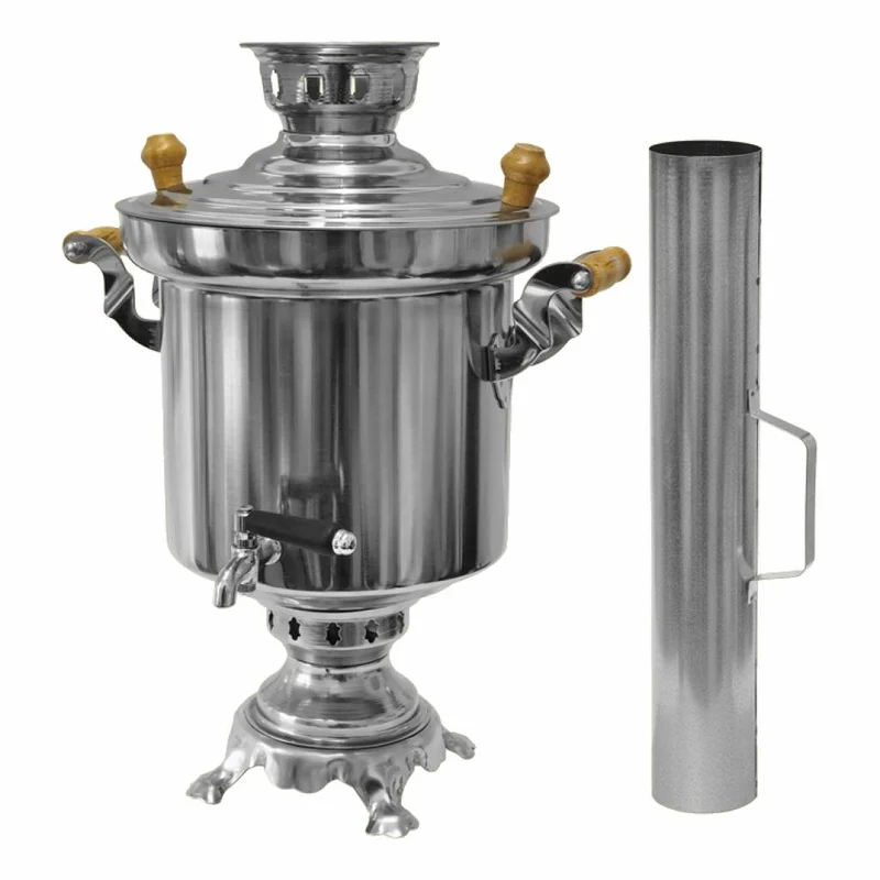 Edelstahl Holzkohle Samowar 5 Liter mit Schornstein Wasserkocher Teekocher Grill