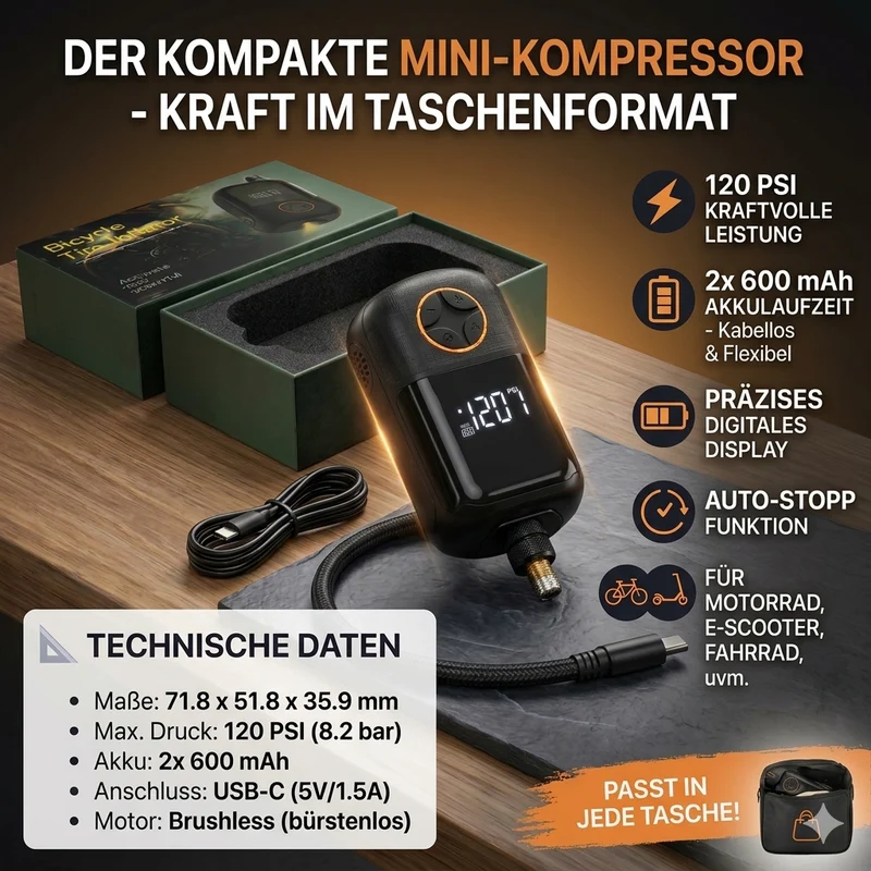 Yourscooter Mini Kompressor, 10 Bar für E-Scooter und Motorrad