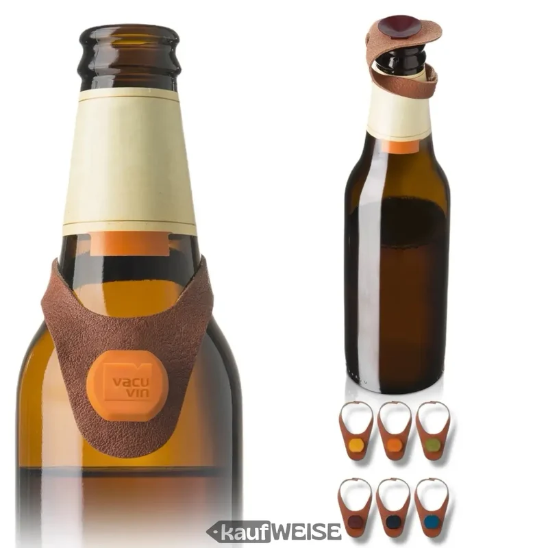 Vacu Vin Flaschenmarker aus Kunstleder | Mit Stopfen, 6 Farben pro Set | 1 oder 4 Sets