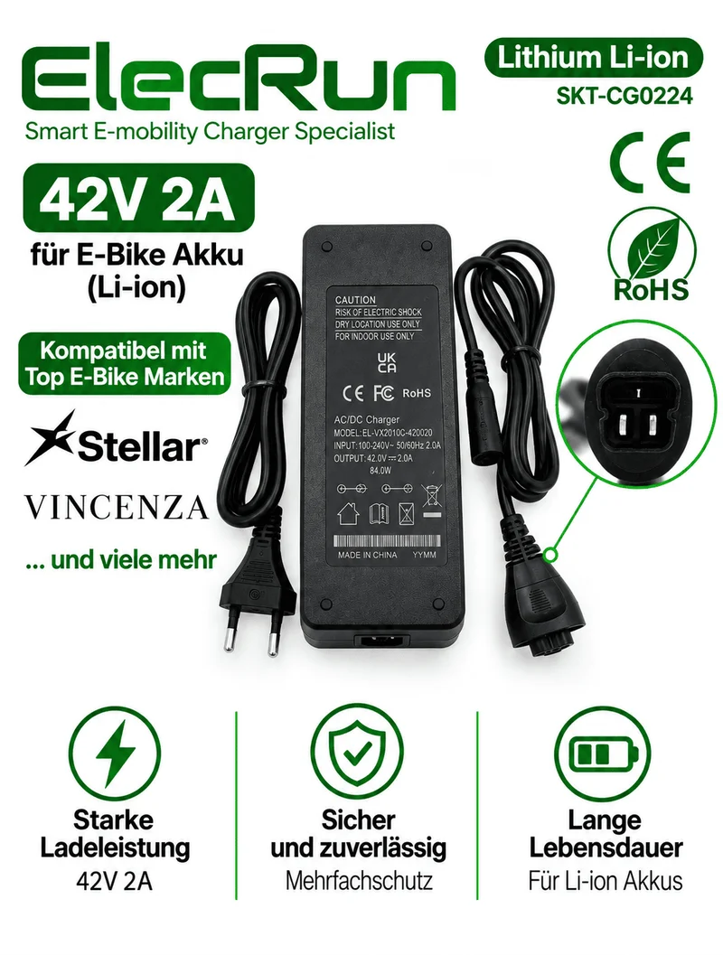 ElecRun E-Bike Ladegerät 42V 2A Phylion 3P für Stellar Vincenza