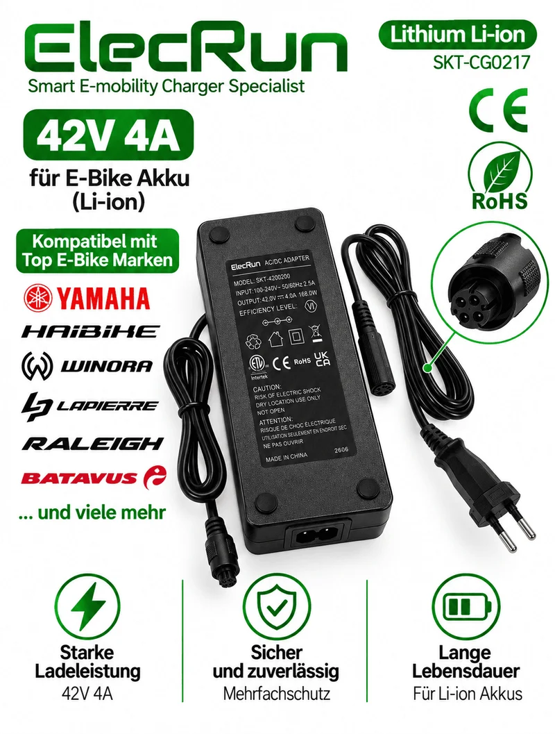 ElecRun E-Bike Ladegerät 42V 4A HRS 4-Pin für Babboe, Easy Motion, Haibike,Yamaha