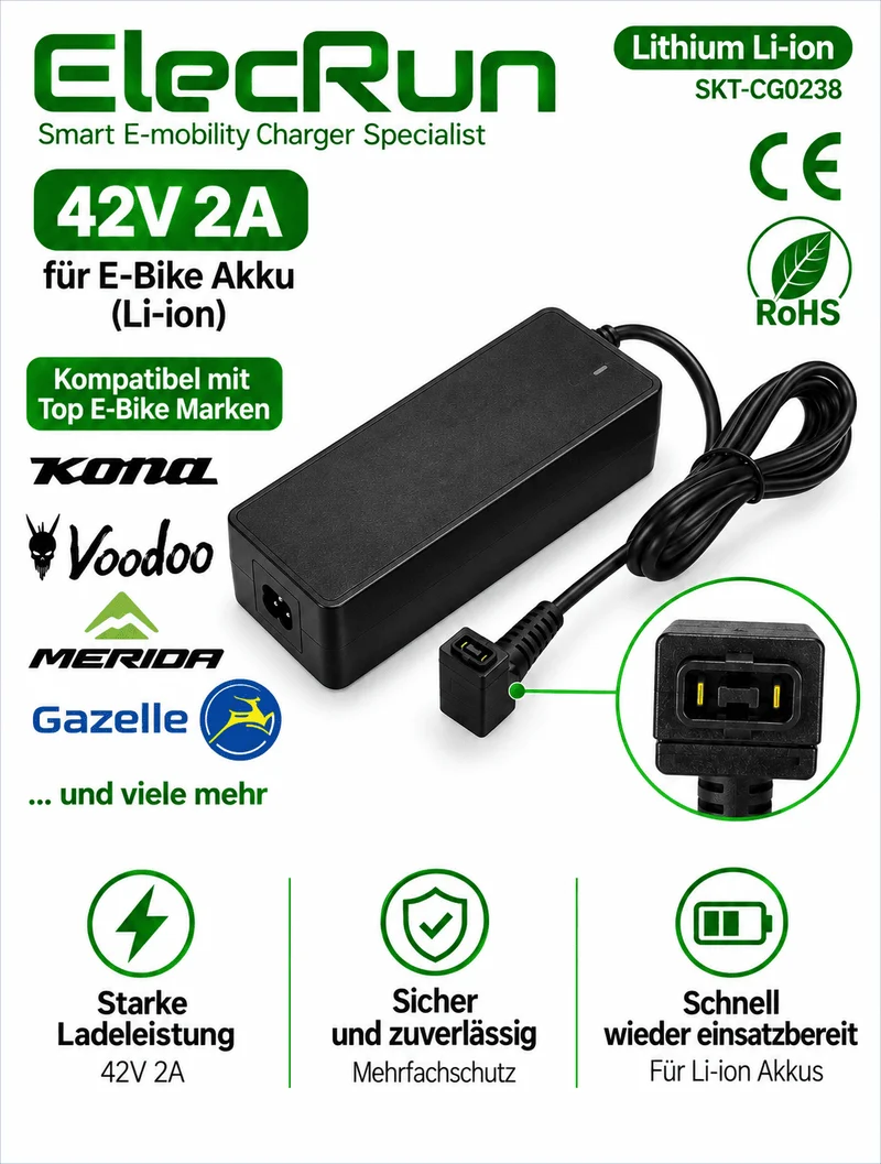 ElecRun E-Bike Ladegerät 42V 2A für Shimano 36V Akku – Kona, Gazelle, Merida, Voodoo, Bike43 & Boardman