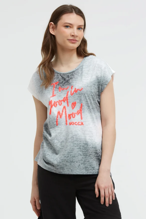 SOCCX Ausbrenner-Shirt mit Pailletten-Wording