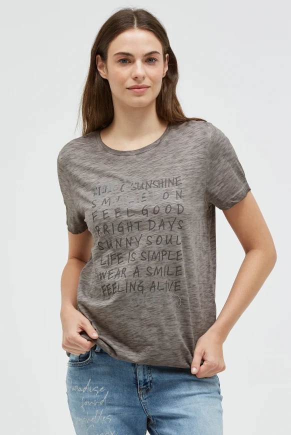 SOCCX T-Shirt mit Wording Print und Elastiksaum