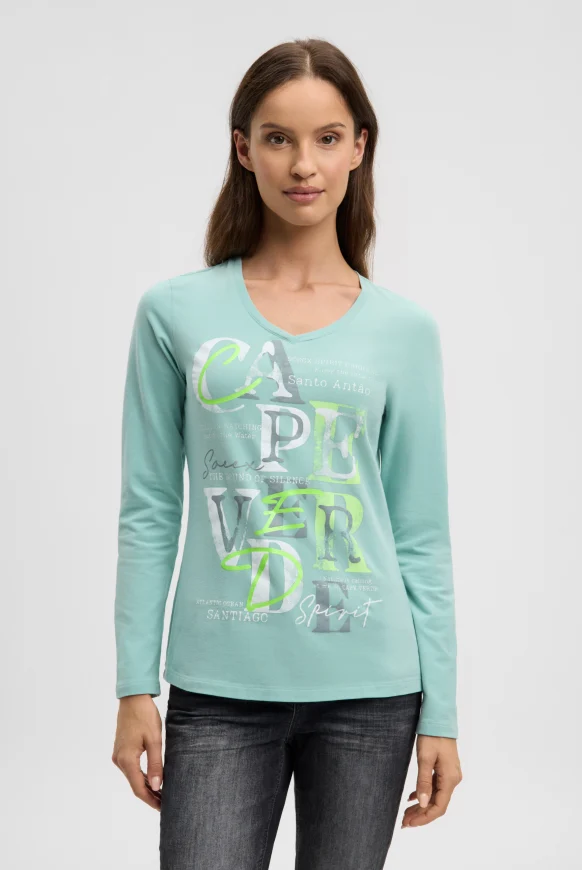 SOCCX Langarmshirt mit V-Ausschnitt und Wording Print
