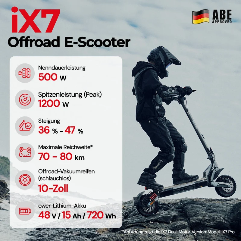 iScooter T4 Klappbarer Offroad-E-Scooter mit ABE/eKFV Straßenzulassung - iX7 [Heckantrieb 1200W]