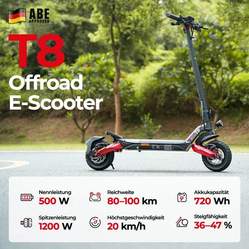 iScooter T4 Klappbarer Offroad-E-Scooter mit ABE/eKFV Straßenzulassung - T8 [1200W]