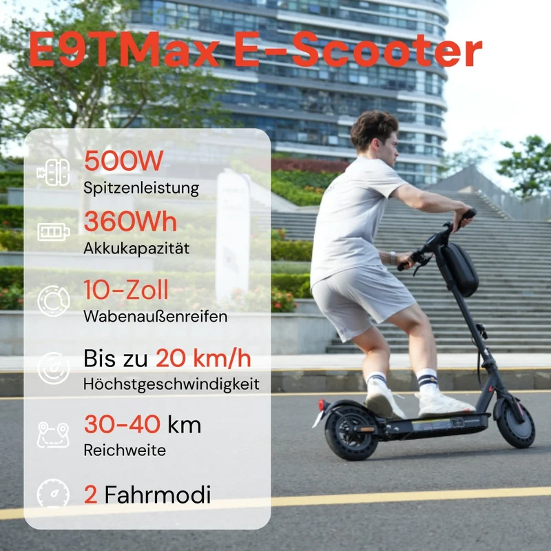 iScooter i9M 500W 10 Zoll E-Scooter für Pendler mit Straßenzulassung - E9TMax [500W 40 Km]