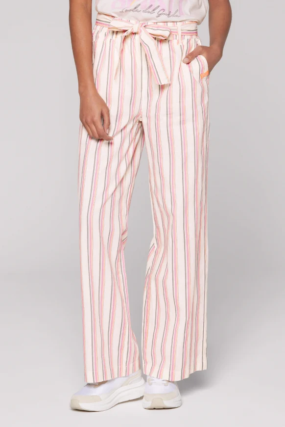 SOCCX Leinenhose mit bunten Streifen und Bindegürtel