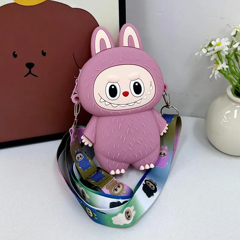 Sommer Neu Super Beliebte Kinder Wechselgeldtaschen Niedliche Cartoon Weiche Silikon Münztasche für Mädchen und Jungen Trendige Macaron Mini Umhängetasche Kinder Urlaubsgeschenk violett