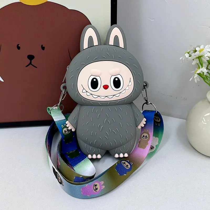 Sommer Neu Super Beliebte Kinder Wechselgeldtaschen Niedliche Cartoon Weiche Silikon Münztasche für Mädchen und Jungen Trendige Macaron Mini Umhängetasche Kinder Urlaubsgeschenk grau