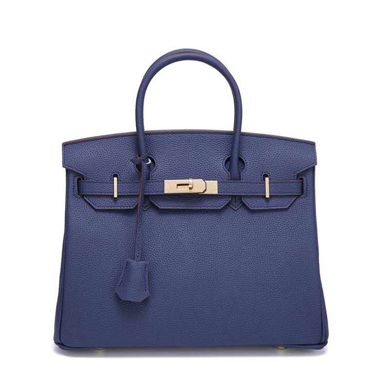 Neue Togo Small Grain Gold Buckle Platin Toe Cover Layer Rindsleder Damentasche Große Kapazität Handtasche Damentasche 30x12x23cm navy blau