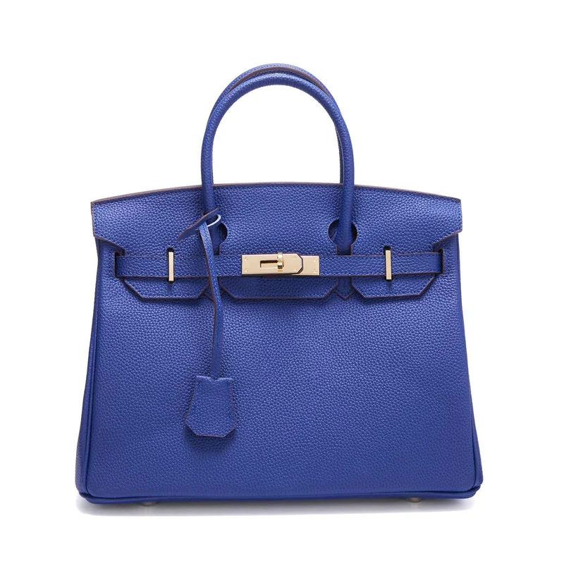 Neue Togo Small Grain Gold Buckle Platin Toe Cover Layer Rindsleder Damentasche Große Kapazität Handtasche Damentasche 30x12x23cm blau