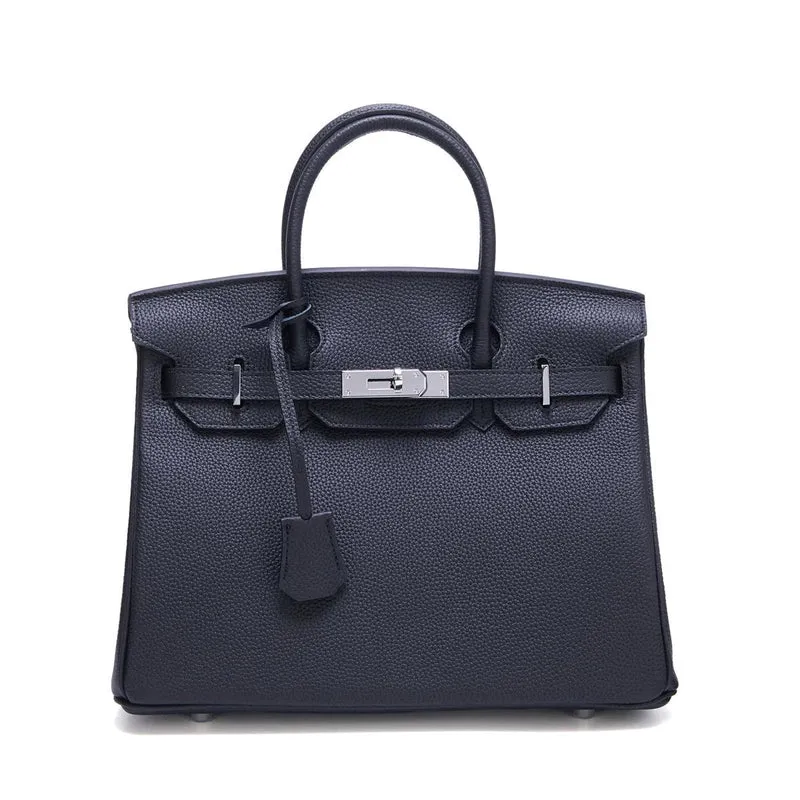 Neue Tasche aus Platin mit silberner Schnalle aus Metall, echtes Leder, große Kapazität, handliche Damentasche, Umhängetasche aus Rindsleder mit Litschi-Muster 35x18x25cm without shoulder strap schwarz