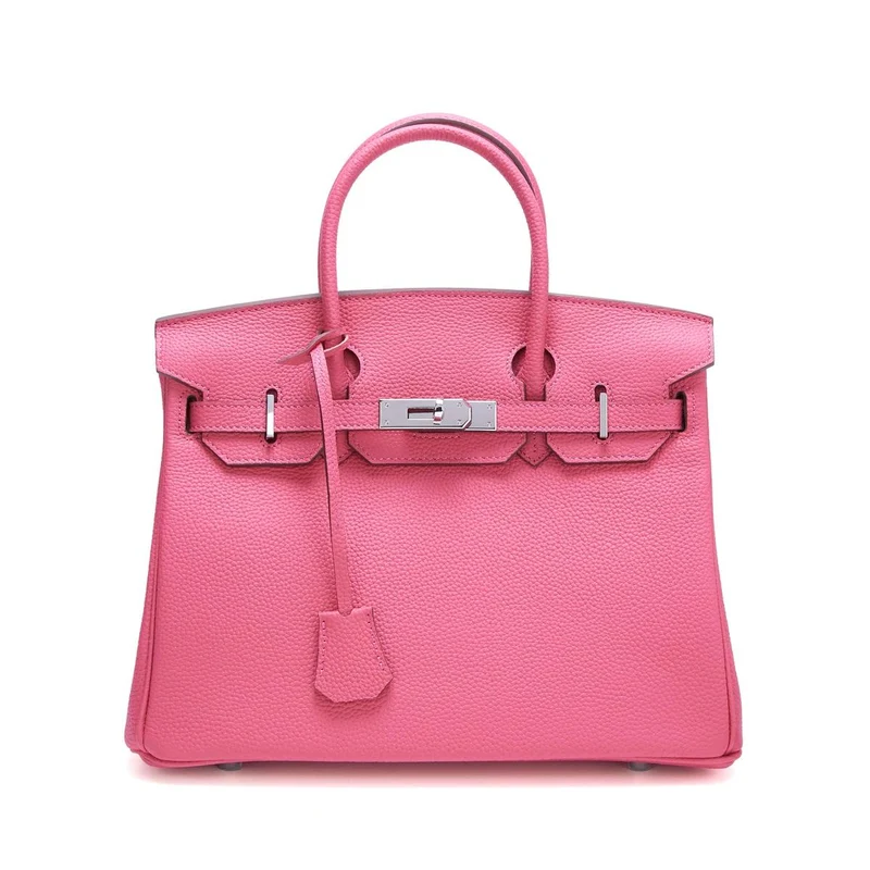 Neue Tasche aus Platin mit silberner Schnalle aus Metall, echtes Leder, große Kapazität, handliche Damentasche, Umhängetasche aus Rindsleder mit Litschi-Muster 35x18x25cm without shoulder strap rose rot