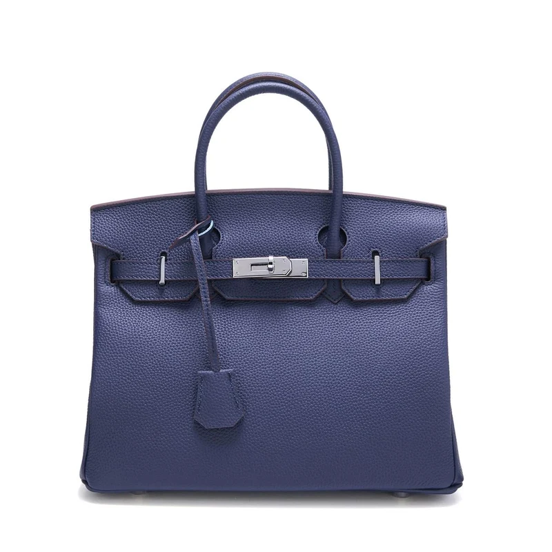 Neue Tasche aus Platin mit silberner Schnalle aus Metall, echtes Leder, große Kapazität, handliche Damentasche, Umhängetasche aus Rindsleder mit Litschi-Muster 35x18x25cm without shoulder strap navy blau
