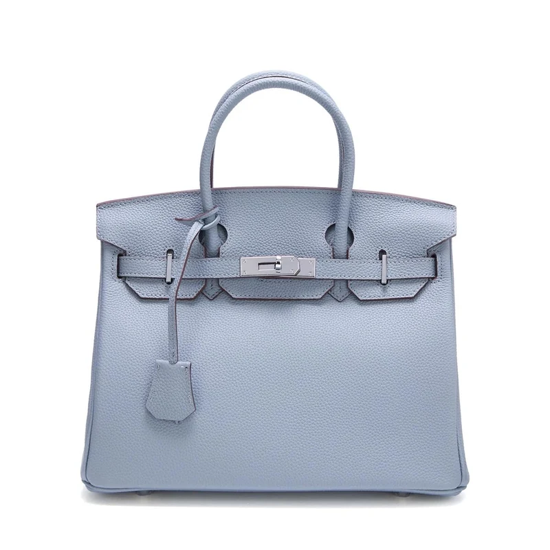 Neue Tasche aus Platin mit silberner Schnalle aus Metall, echtes Leder, große Kapazität, handliche Damentasche, Umhängetasche aus Rindsleder mit Litschi-Muster 35x18x25cm without shoulder strap hellblaue