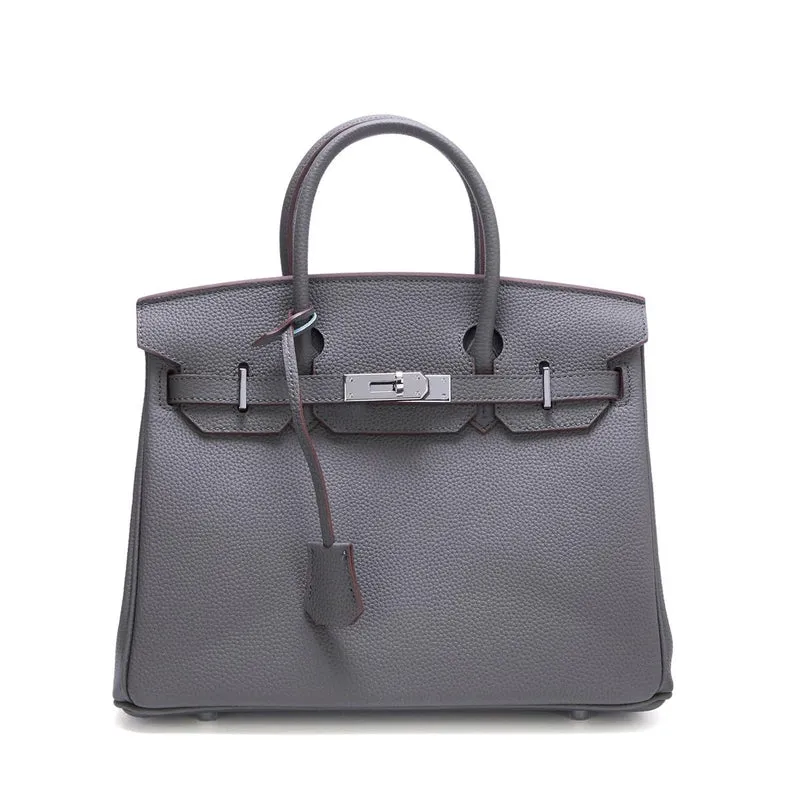 Neue Tasche aus Platin mit silberner Schnalle aus Metall, echtes Leder, große Kapazität, handliche Damentasche, Umhängetasche aus Rindsleder mit Litschi-Muster 35x18x25cm without shoulder strap grau