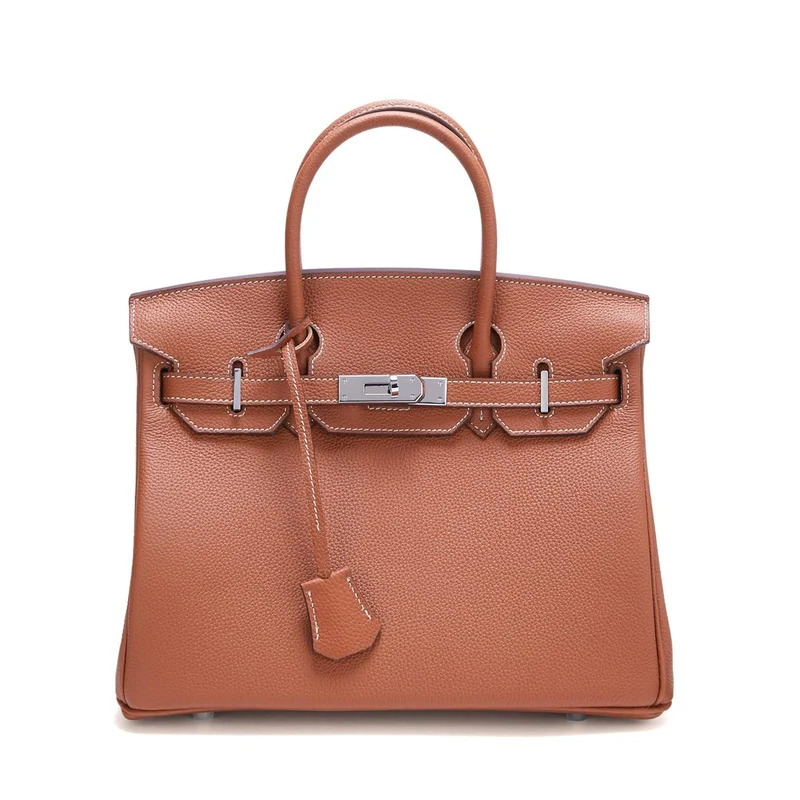 Neue Tasche aus Platin mit silberner Schnalle aus Metall, echtes Leder, große Kapazität, handliche Damentasche, Umhängetasche aus Rindsleder mit Litschi-Muster 35x18x25cm without shoulder strap braun