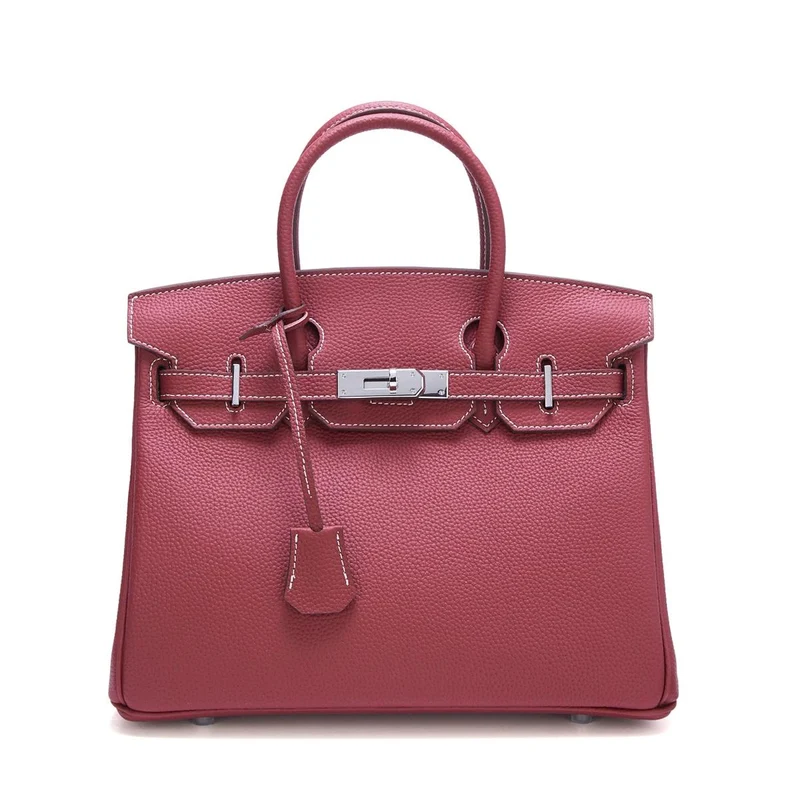 Neue Tasche aus Platin mit silberner Schnalle aus Metall, echtes Leder, große Kapazität, handliche Damentasche, Umhängetasche aus Rindsleder mit Litschi-Muster 30x17x22cm wein rot