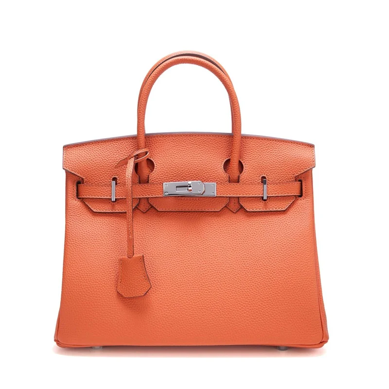 Neue Tasche aus Platin mit silberner Schnalle aus Metall, echtes Leder, große Kapazität, handliche Damentasche, Umhängetasche aus Rindsleder mit Litschi-Muster 30x17x22cm orange