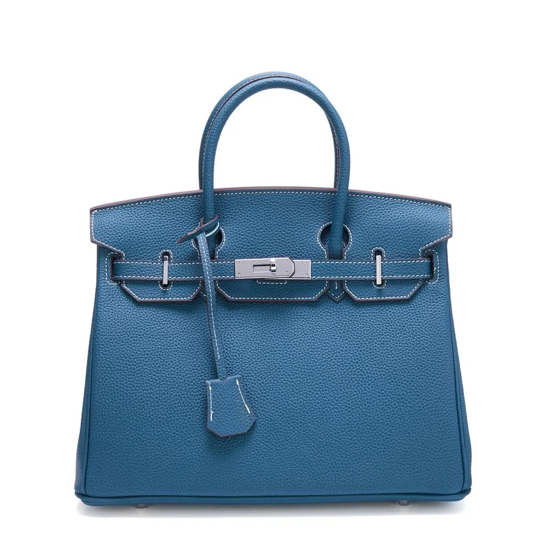 Neue Tasche aus Platin mit silberner Schnalle aus Metall, echtes Leder, große Kapazität, handliche Damentasche, Umhängetasche aus Rindsleder mit Litschi-Muster 30x17x22cm mittlere blaue