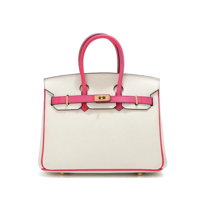 Kopfschicht-Rindsleder-Platin-Tasche, echtes Leder, Damentasche, große Kapazität, Handtasche, Damen, High-End-Sense, Pendler-Schultertasche 25CM weiß/rot