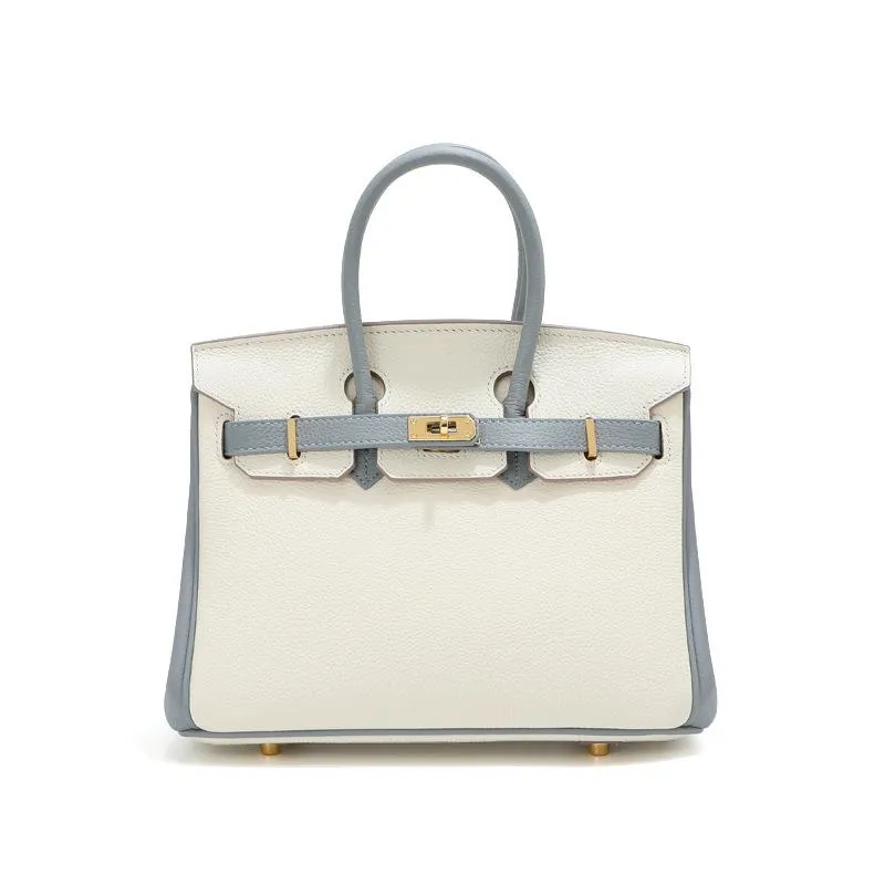 Kopfschicht-Rindsleder-Platin-Tasche, echtes Leder, Damentasche, große Kapazität, Handtasche, Damen, High-End-Sense, Pendler-Schultertasche 25CM weiß/blau