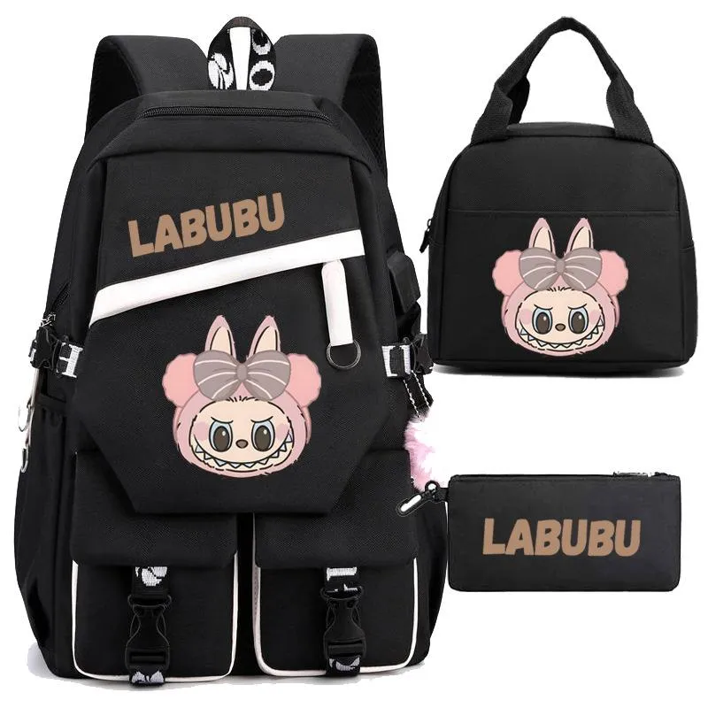 3 Stück LABUBU Schultasche Schulrucksack Leicht Gewichtsreduziert Rückenschutz und Großvolumig Kinder Schultasche Rucksack für Klassen 1-6