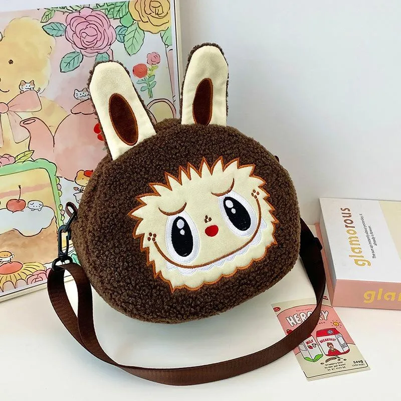 2025 Neue Beliebte Bubble Mart Schräge Umhängetasche Große Kapazität Weiche Haptik Kurzer Plüsch Kinder Schultertaschen Hässlich Niedlich Cartoon Kinder Aufbewahrung Crossbody Tasche kaffeebraun
