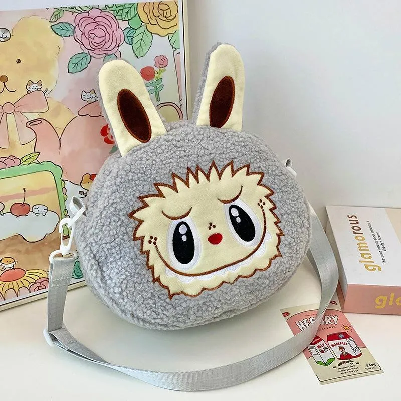 2025 Neue Beliebte Bubble Mart Schräge Umhängetasche Große Kapazität Weiche Haptik Kurzer Plüsch Kinder Schultertaschen Hässlich Niedlich Cartoon Kinder Aufbewahrung Crossbody Tasche grau